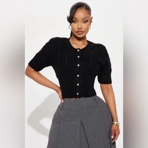 Fashion Nova Ready for Tea Black Cable Knit Sweater Top Pearl Buttons Small NWT